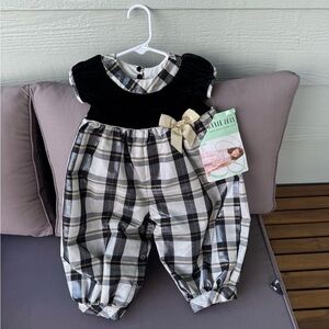 Bonnie Jean Black and White Plaid Romper with Gold Bow